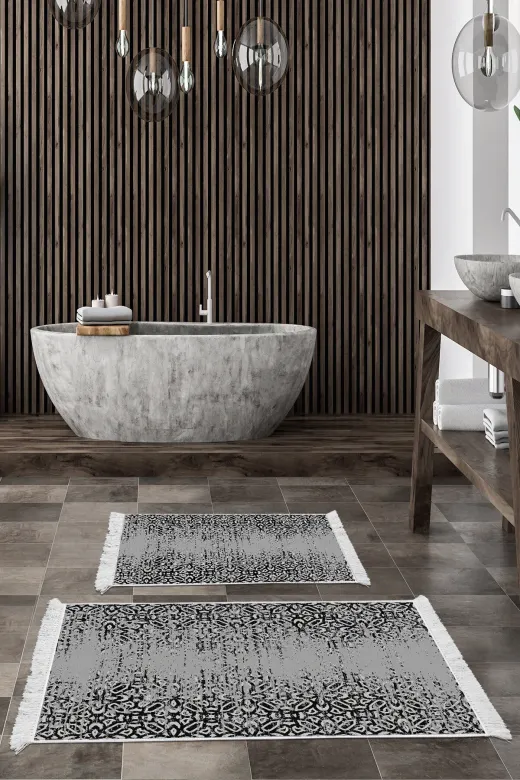 KAYABEY HOME B3-Mu123K1-10P2 Kaymaz Taban Djt 2 Li Banyo Paspas Takımı Trend Saçaklı Iskandinav Mu123 Gri