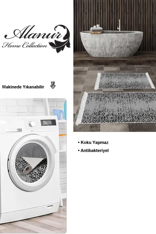 KAYABEY HOME B3-Mu123K1-10P2 Kaymaz Taban Djt 2 Li Banyo Paspas Takımı Trend Saçaklı Iskandinav Mu123 Gri