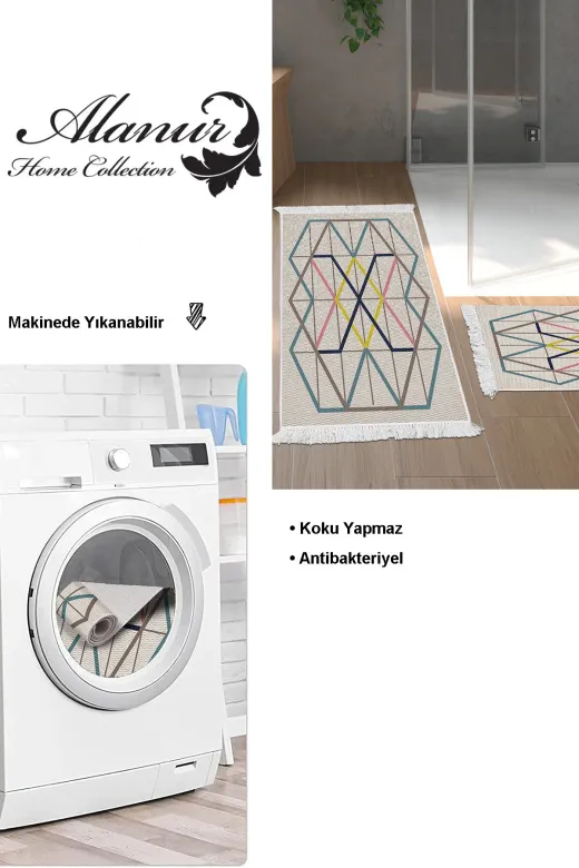 KAYABEY HOME B3-P1525K1-10P2 Kaymaz Taban Djt 2 Li Banyo Paspas Takımı Trend Saçaklı Modern P1525 Renkli