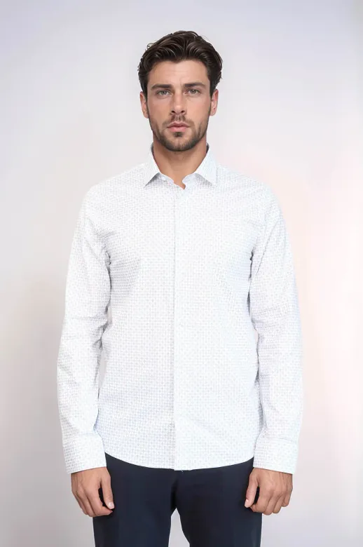 Kaz Ayağı Desenli Slim Fit Beyaz Erkek Gömlek - Wessi - 3XL / Beyaz