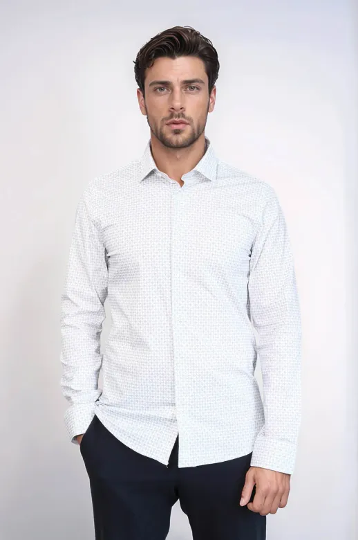 Kaz Ayağı Desenli Slim Fit Beyaz Erkek Gömlek - Wessi - XL / Beyaz