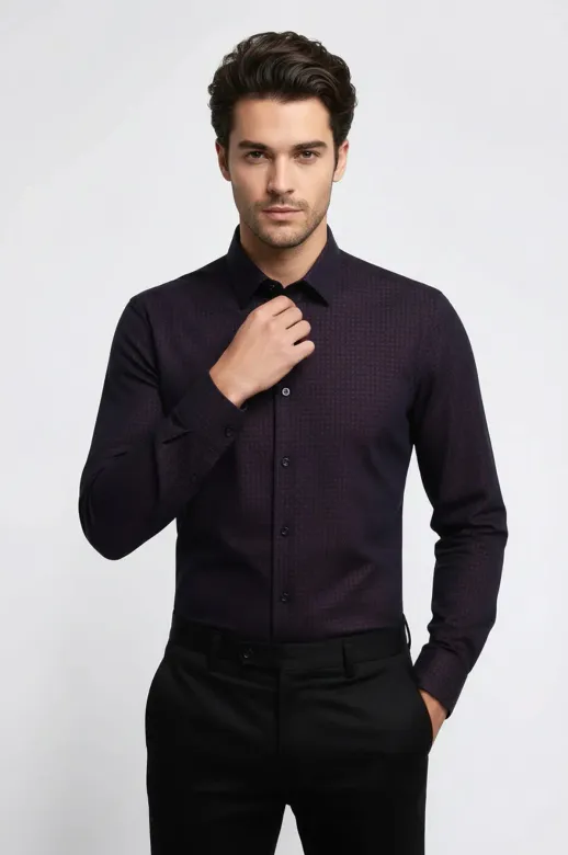 Kaz Ayağı Desenli Slim Fit Bordo Erkek Gömlek - Wessi - 3XL / Bordo