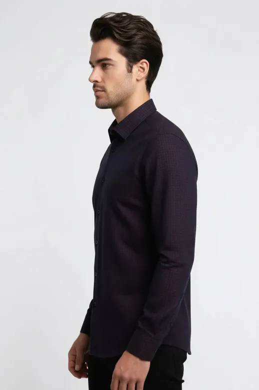 Kaz Ayağı Desenli Slim Fit Bordo Erkek Gömlek - Wessi - 3XL / Bordo