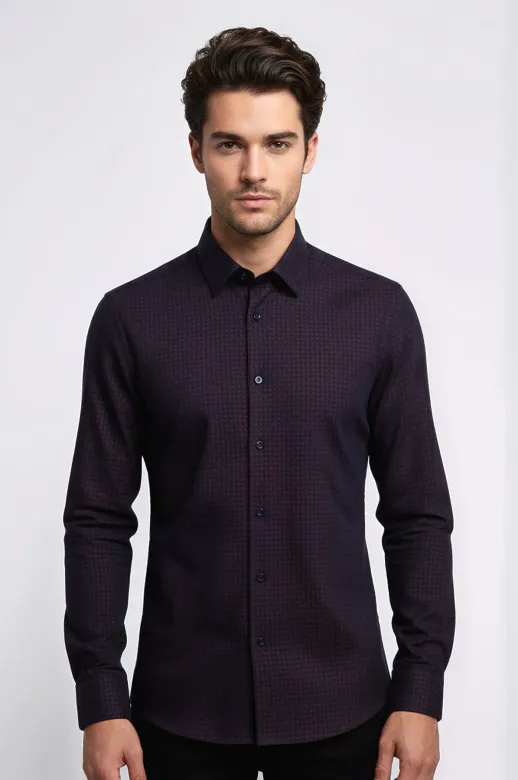 Kaz Ayağı Desenli Slim Fit Bordo Erkek Gömlek - Wessi - XXL / Bordo