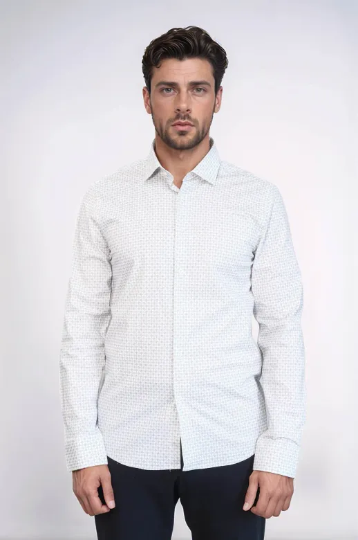 Kaz Ayağı Desenli Slim Fit Ekru Erkek Gömlek - Wessi - 3XL / Beyaz