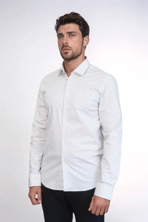 Kaz Ayağı Desenli Slim Fit Ekru Erkek Gömlek - Wessi - S / Beyaz