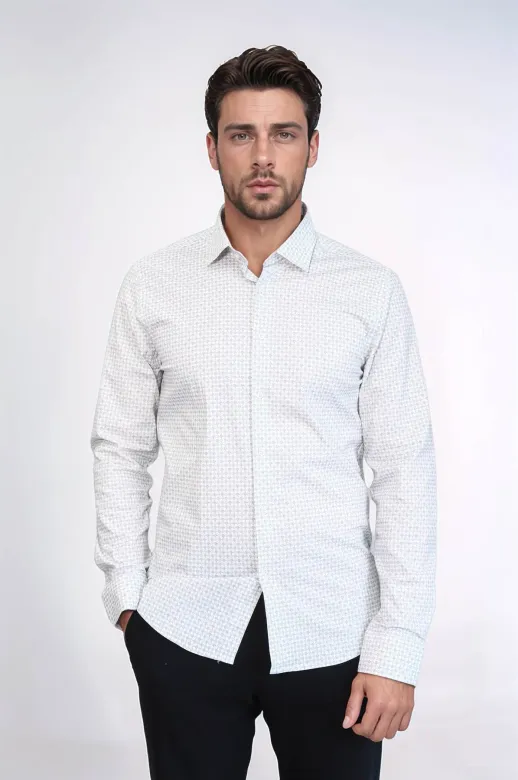 Kaz Ayağı Desenli Slim Fit Ekru Erkek Gömlek - Wessi - XXL / Beyaz