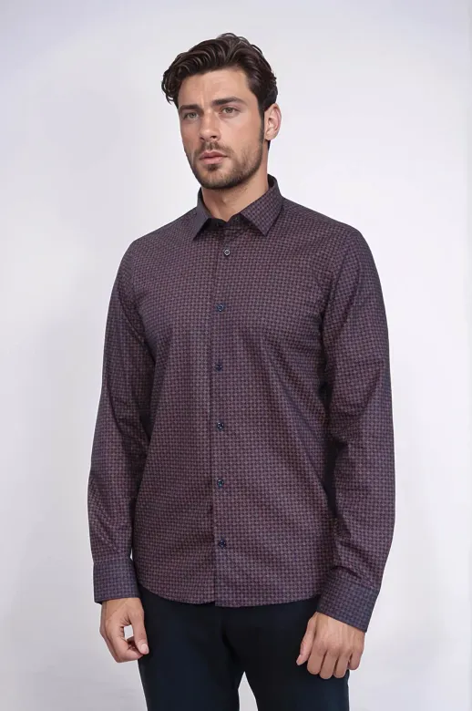 Kaz Ayağı Desenli Slim Fit Kahverengi Erkek Gömlek - Wessi - S / Kahverengi