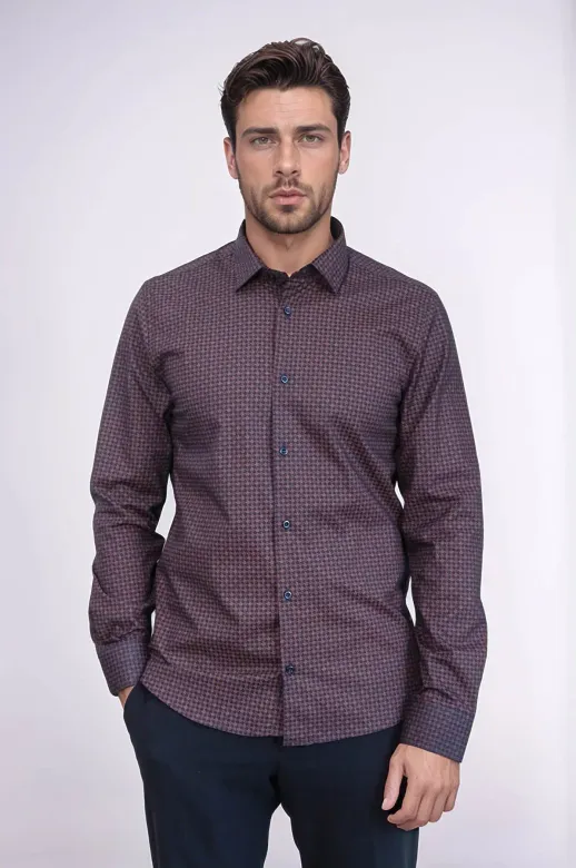 Kaz Ayağı Desenli Slim Fit Kahverengi Erkek Gömlek - Wessi - XL / Kahverengi