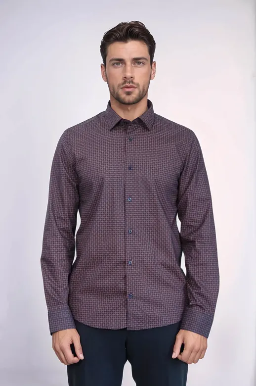 Kaz Ayağı Desenli Slim Fit Kahverengi Erkek Gömlek - Wessi - XL / Kahverengi