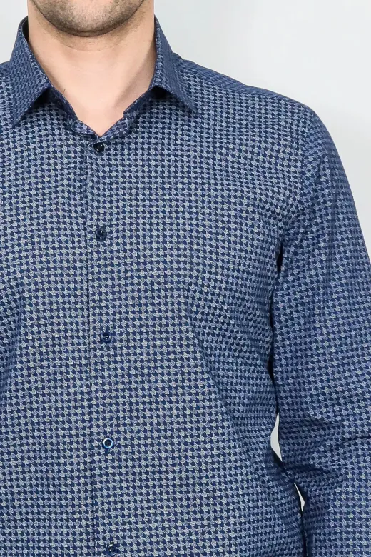 Kaz Ayağı Desenli Slim Fit Lacivert Erkek Gömlek - Wessi - 3XL / Koyu Mavi