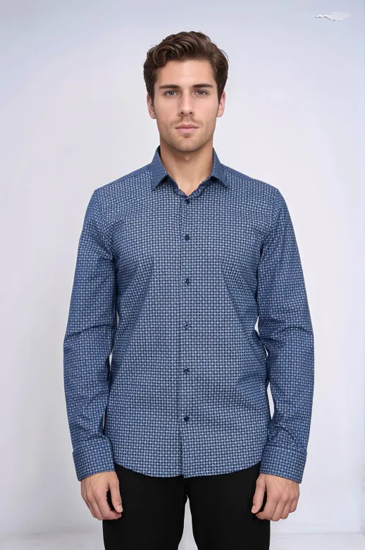 Kaz Ayağı Desenli Slim Fit Lacivert Erkek Gömlek - Wessi - 3XL / Koyu Mavi
