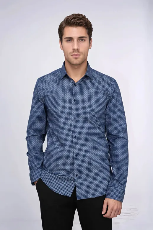 Kaz Ayağı Desenli Slim Fit Lacivert Erkek Gömlek - Wessi - L / Koyu Mavi