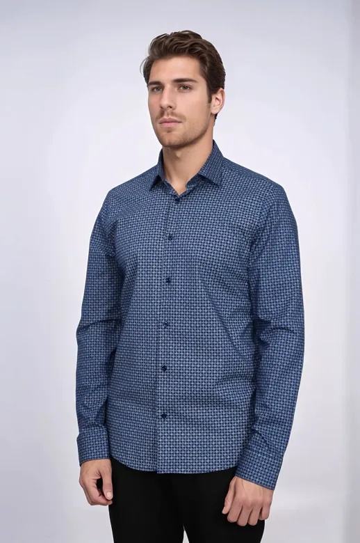 Kaz Ayağı Desenli Slim Fit Lacivert Erkek Gömlek - Wessi - XXL / Koyu Mavi