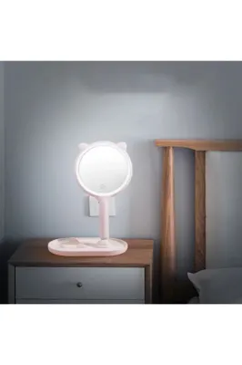 ® Kedi Kulaklı Telefon Standlı Yuvarlak Dokunmatik Led Ayarlı Masa Üstü Makya