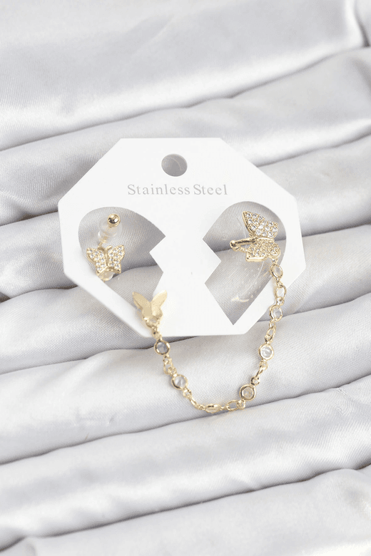 Kelebek Model Pirinç Gold Renk Zincir Bağlantılı Ear Cuff Küpe Seti