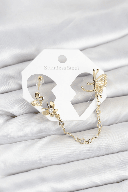 Kelebekli Model Pirinç Gold Renk Zincir Bağlantılı Ear Cuff Küpe Seti