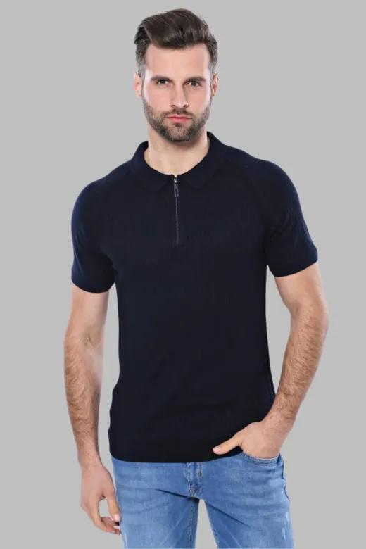 Kendinden Desenli Örme Bisiklet Yaka Lacivert Erkek T-shirt - Wessi