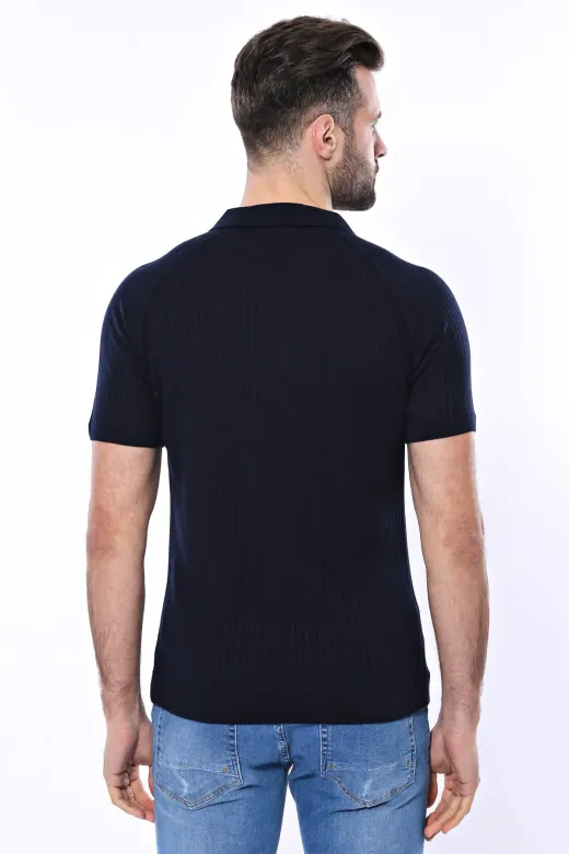 Kendinden Desenli Örme Bisiklet Yaka Lacivert Erkek T-shirt - Wessi