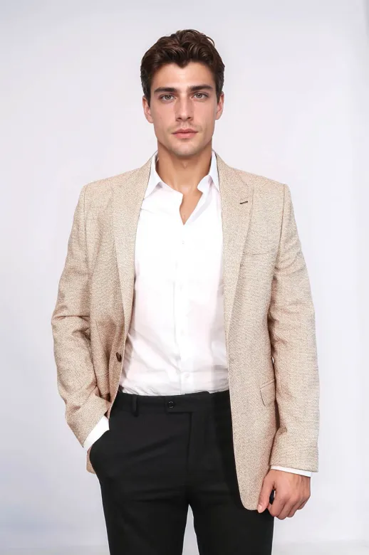 Kendinden Desenli Slim Fit Açık Sarı Erkek Ceket - Wessi