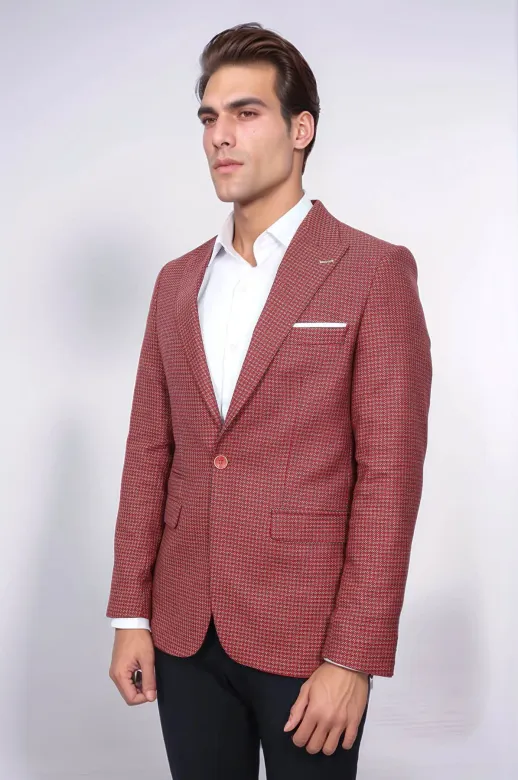 Kendinden Desenli Slim Fit Bordo Ceket - Wessi