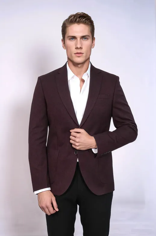 Kendinden Desenli Slim Fit Sivri Yaka Bordo Erkek Ceket - Wessi