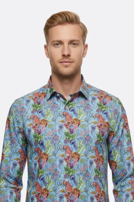 Kırmızı Çiçek Desenli Slim Fit Uzun Kollu Lacivert Erkek Gömlek - Wessi - XL / Lacivert