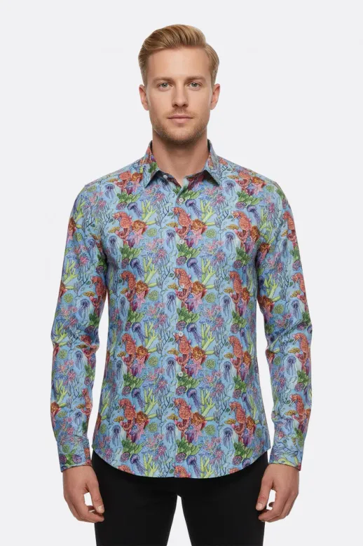 Kırmızı Çiçek Desenli Slim Fit Uzun Kollu Lacivert Erkek Gömlek - Wessi - XL / Lacivert