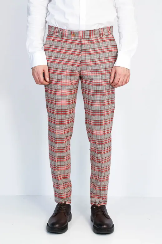 Kırmızı Ekose Desenli Slim Fit Gri Erkek Pantolon - Wessi