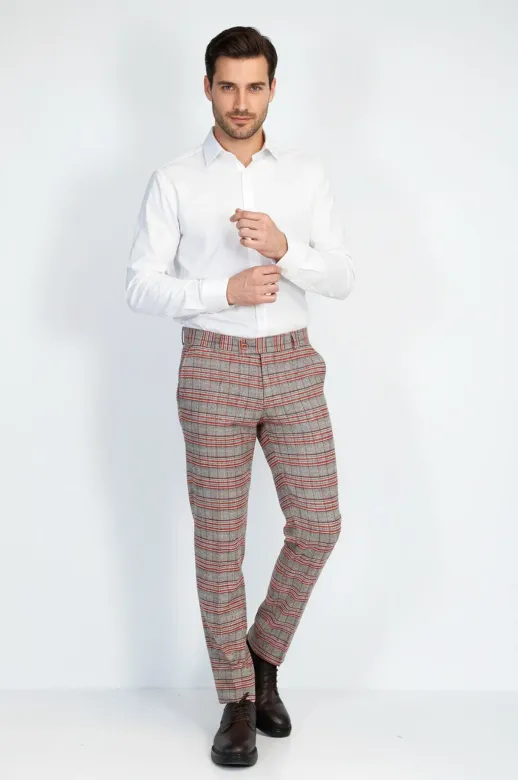 Kırmızı Ekose Desenli Slim Fit Gri Erkek Pantolon - Wessi