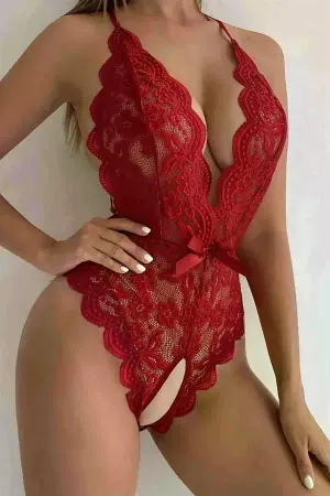 Kırmızı Özel Bölgesi Açık Fiyonklu Dantel Body
