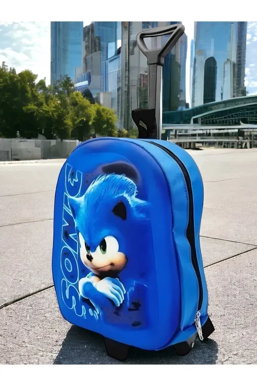 Kirpi Sonic Anaokulu Kreş Çekçekli 3D Baskılı 2-6 Yaş Tekerli Seyahat Valizi Sırt Ve Okul Çantası