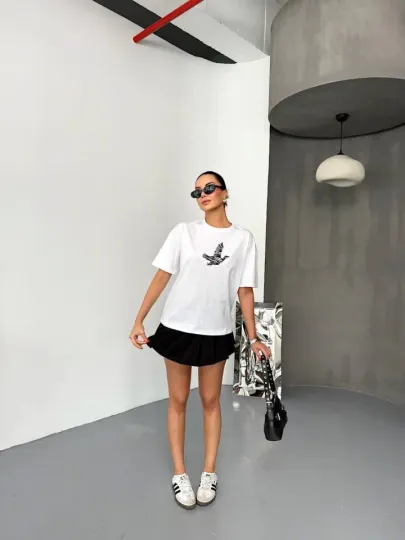 Kısa Kol Baskılı T-shirt - Beyaz - L - Beyaz
