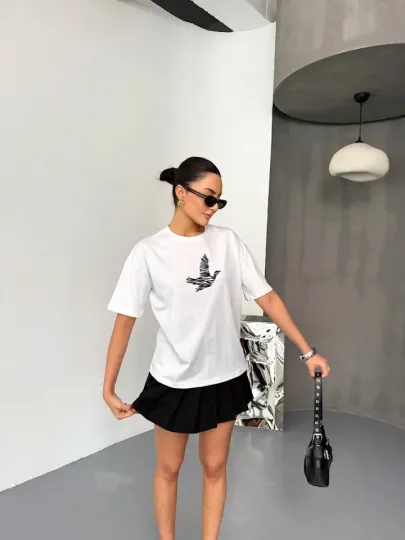 Kısa Kol Baskılı T-shirt - Beyaz - L - Beyaz