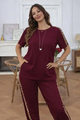 Kısa Kollu Bısıklet Yakalı Viskon Iki Iplik Bluz Ve Pantolon Ikili Takım - S-M - Bordo