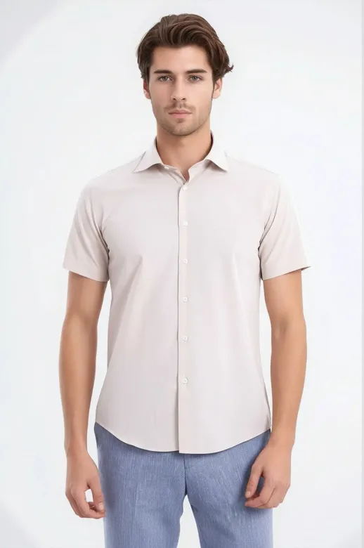 Kısa Kollu Terikoton Slim Fit Krem Erkek Gömlek - Wessi - S / Krem