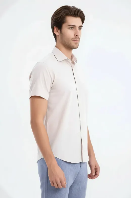 Kısa Kollu Terikoton Slim Fit Krem Erkek Gömlek - Wessi - S / Krem