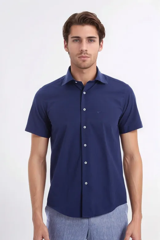 Kısa Kollu Terikoton Slim Fit Lacivert Erkek Gömlek - Wessi - M / Lacivert