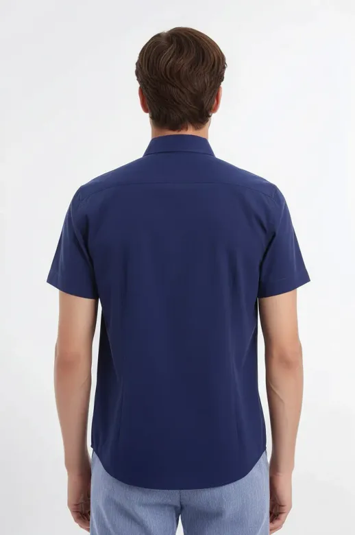 Kısa Kollu Terikoton Slim Fit Lacivert Erkek Gömlek - Wessi - M / Lacivert