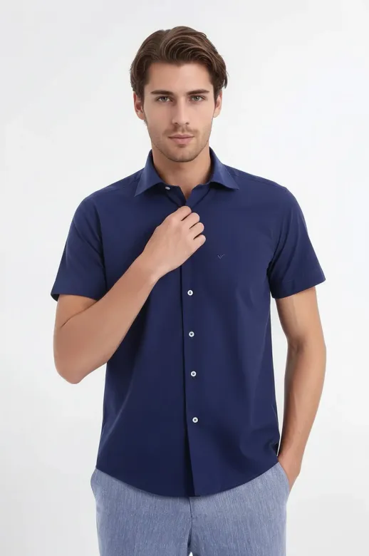 Kısa Kollu Terikoton Slim Fit Lacivert Erkek Gömlek - Wessi - S / Lacivert