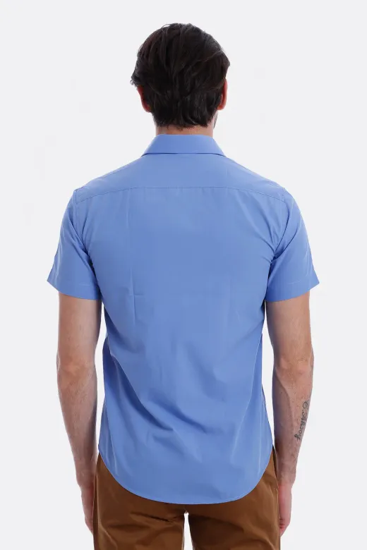 Kısa Kollu Terikoton Slim Fit Mavi Erkek Gömlek - Wessi - S / Mavi