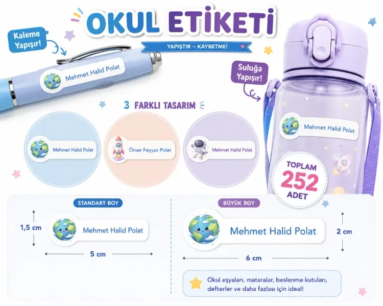 Kişiye Özel Pastel Mat Renkli Okul Etiketi Seti 252 Adet - Gezegen ve Uzay Serisi Isim Etiketi (Kalem, Suluk, Defter)
