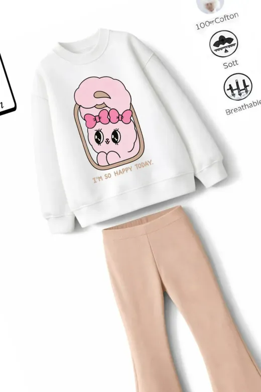 Kız Çocuk Tam Kalıp Üst Oversize Alt Taytlı So Happy Tasarım 194 Alt Üst Takım