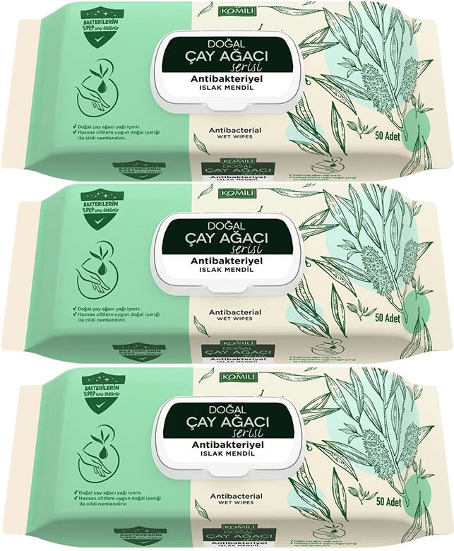 Komili Islak Havlu Mendil 50 Yaprak (3 Lü Set) Çay Ağacı Serisi Antibakteriyel (150 Yaprak)