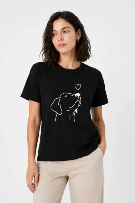 Köpek Figürlü Minimal Baskılı Tişört Kısa Kol Yazlık T-Shirt - Siyah - S - Siyah