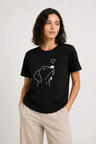 Köpek Figürlü Minimal Baskılı Tişört Kısa Kol Yazlık T-Shirt - Siyah - S - Siyah
