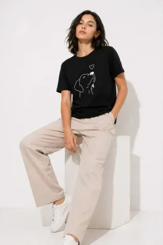 Köpek Figürlü Minimal Baskılı Tişört Kısa Kol Yazlık T-Shirt - Siyah - L - Siyah