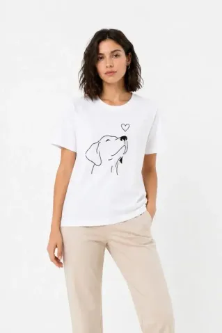 Köpek Figürlü Minimal Baskılı Tişört Kısa Kol Yazlık T-Shirt - Beyaz - M - Beyaz