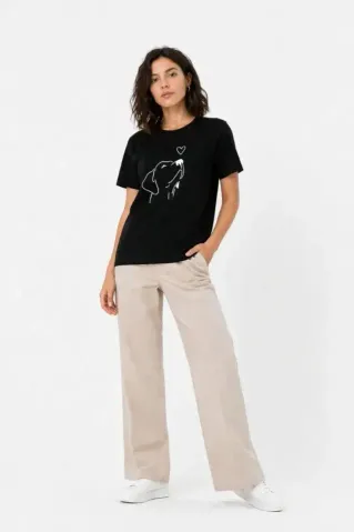 Köpek Figürlü Minimal Baskılı Tişört Kısa Kol Yazlık T-Shirt - Siyah - XS - Siyah