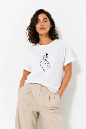 Kore Parmak Kalp Aşk Temalı Minimal Baskılı Tişört Yazlık Kısa Kol T-Shirt - Beyaz - XS - Beyaz